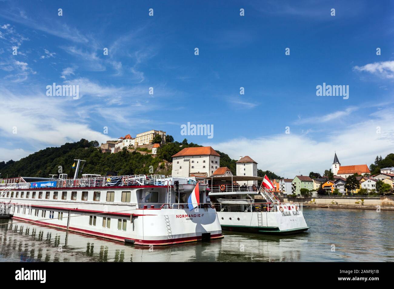 Excursion boats passau moored on the river, Passau Danube river Bavaria Germany Stock Photo