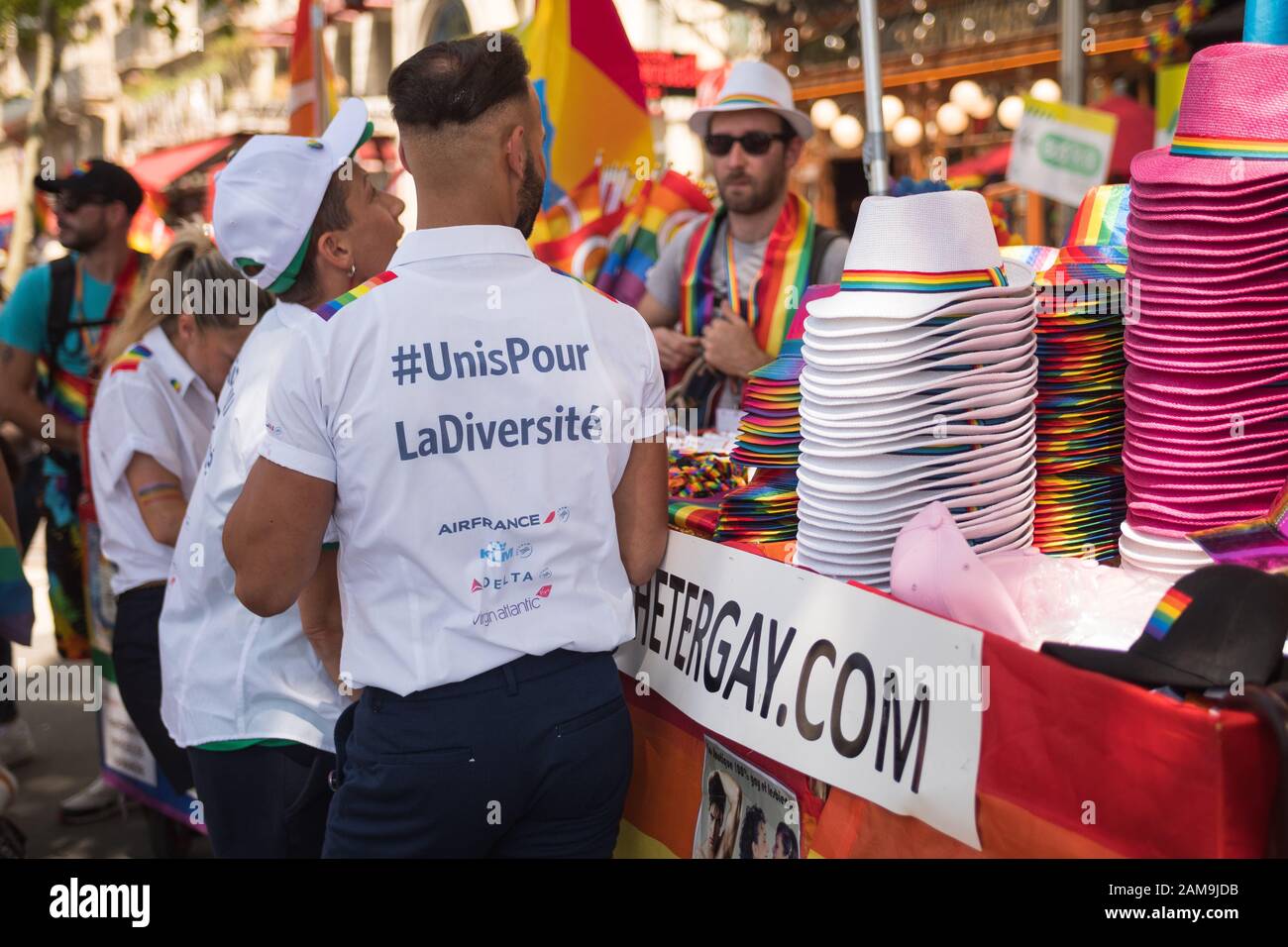 June 29 2019, Paris, France. Gay Pride Parade Day. Man in front of a stand wearing a t-shirt saying '#united for diversity (unis pour la diversité). Stock Photo
