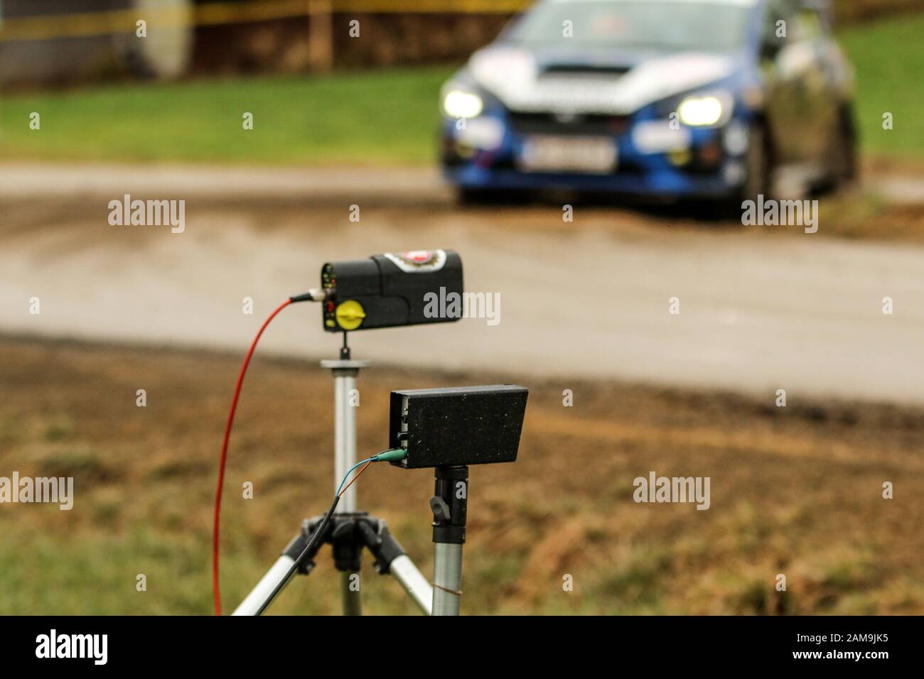 A detail of a timer used for time measurement during the rallye race event. Stock Photo