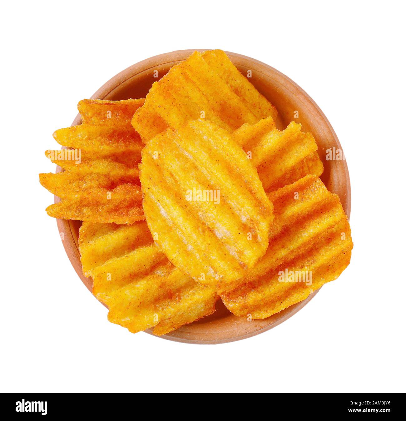 bowl of fried potato chips on white background Stock Photo