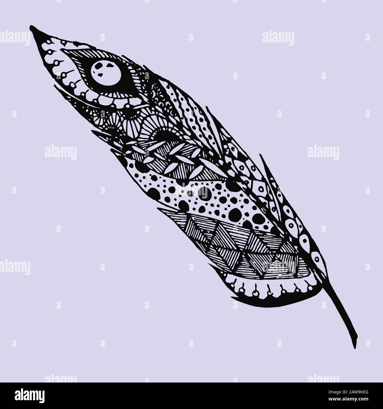 Hand drawn doodle zentangle feather isolated from background. Black ...