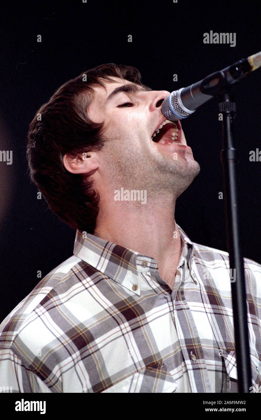 Milan Italy 17/11/1997  ,  live concert of the Oasis at the Forum Assago : The singer Liam Gallagher during the concert Stock Photo