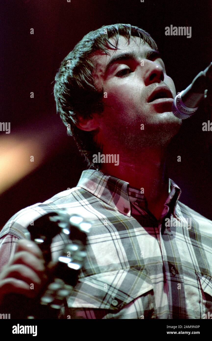 Milan Italy 17/11/1997  ,  live concert of the Oasis at the Forum Assago : The singer Liam Gallagher during the concert Stock Photo