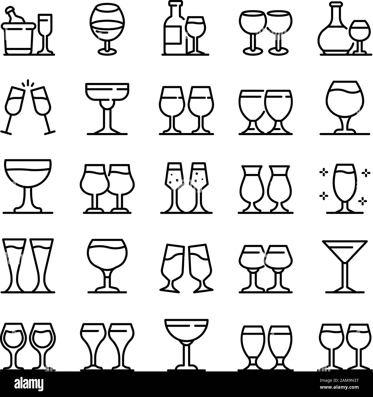 Wineglass icons set, outline style Stock Vector