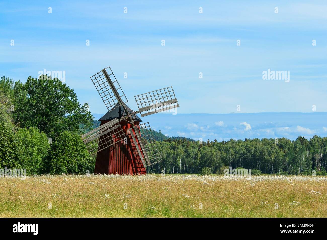 The typical red Swedish windmill standing in the fields full of grain. The rural landscape of the Swedish countryside. Stock Photo