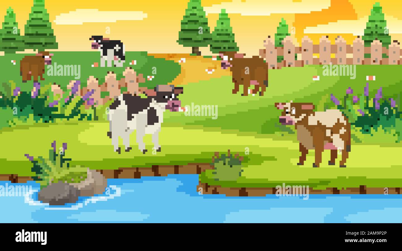 Scene with cows in the field illustration Stock Vector Image & Art - Alamy