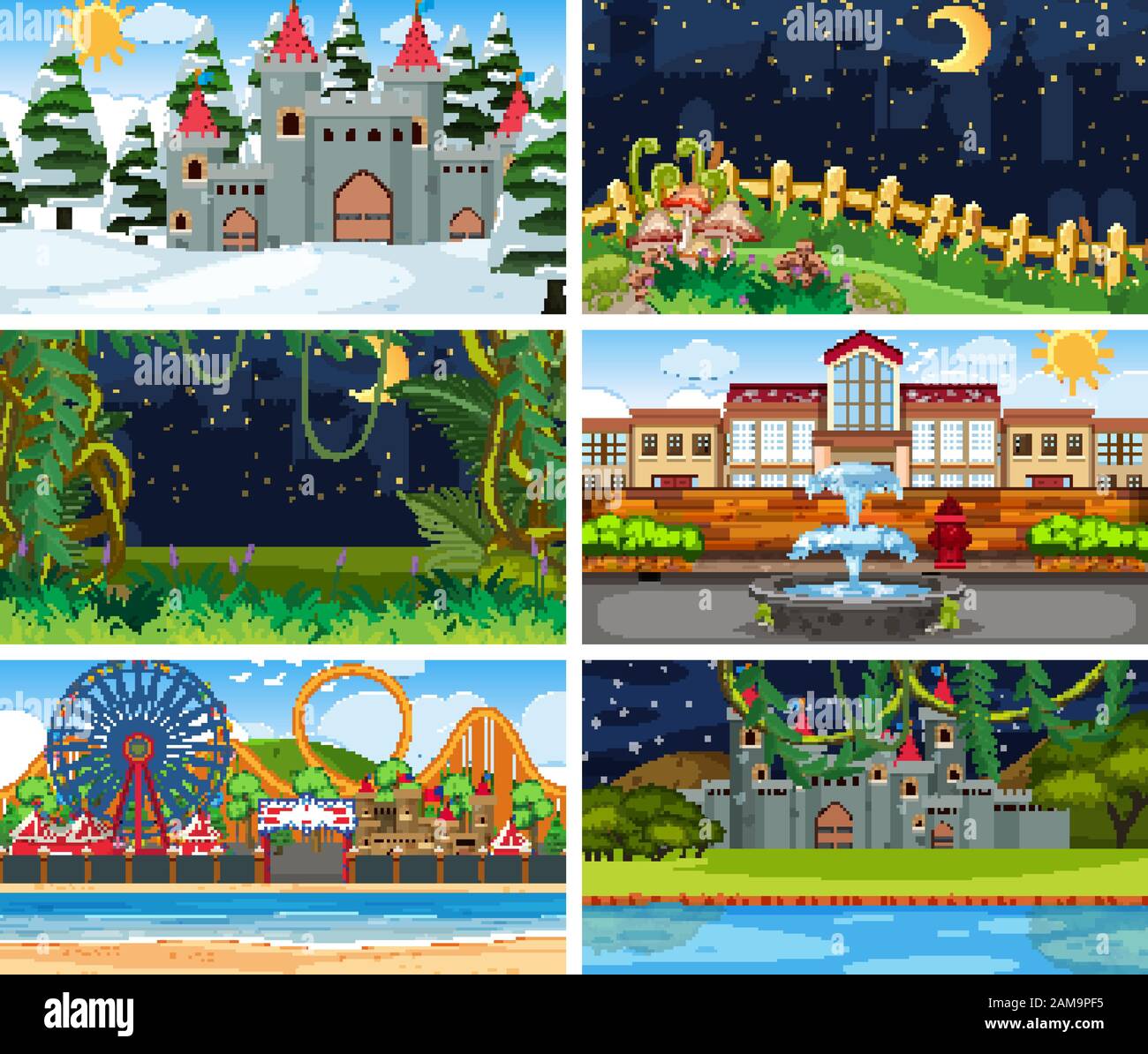 A set of outdoor scene including building illustration Stock Vector ...
