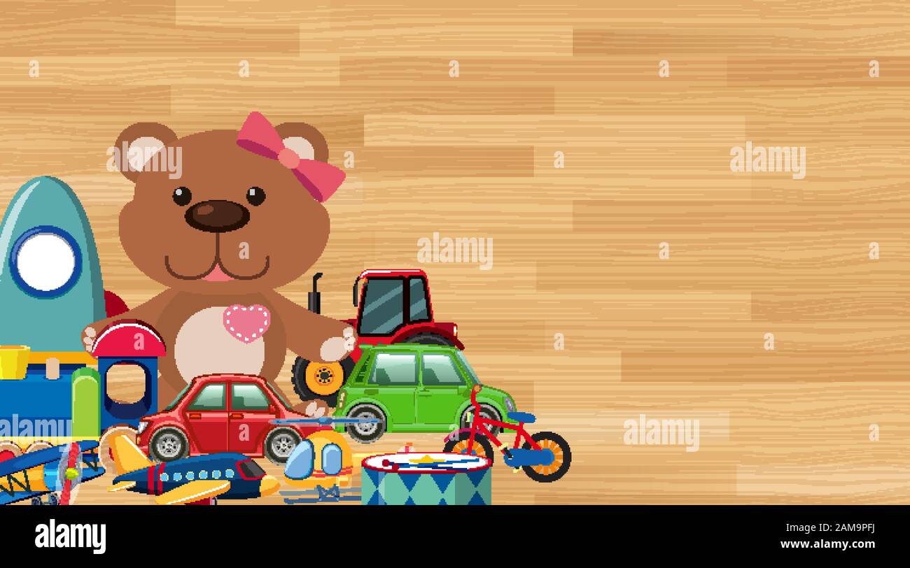 Background design with toys on wooden wall illustration Stock Vector ...