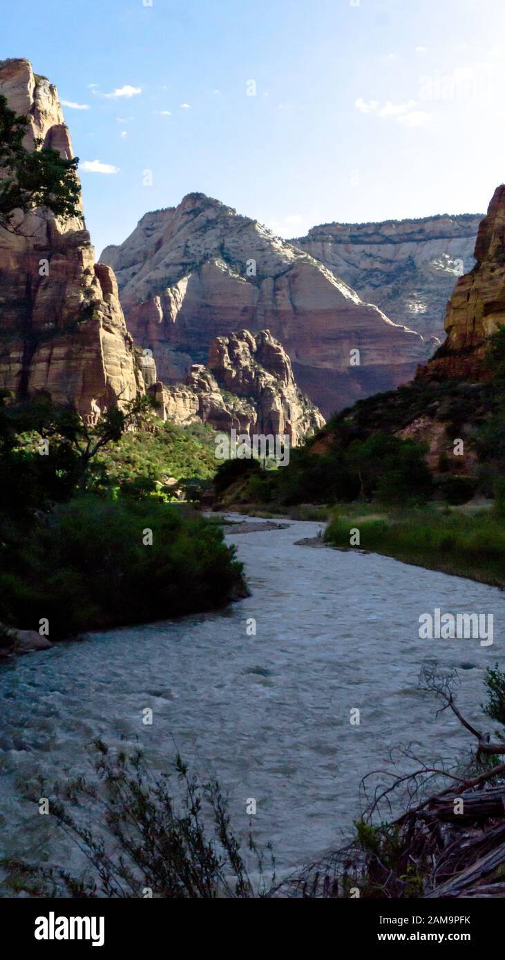 Beautiful views on the river in the Zion National Park, Utah, USA during Sunset Stock Photo