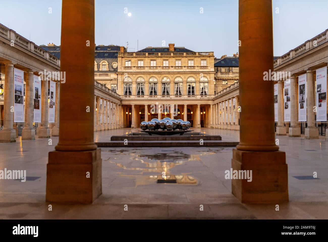 Long distance view of a modern public sculpture, taken during a winter morning at the Palais Royal public garden, Paris, France Stock Photo