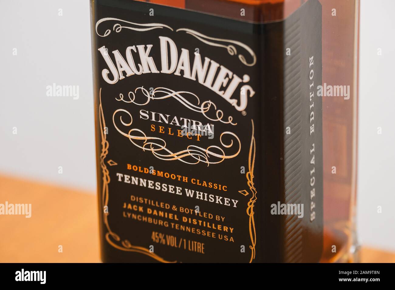 Lynchburg, Tennessee, USA - January 11 2020: Jack Daniels Sinatra Select Tennessee Whiskey Detail of the Label Stock Photo