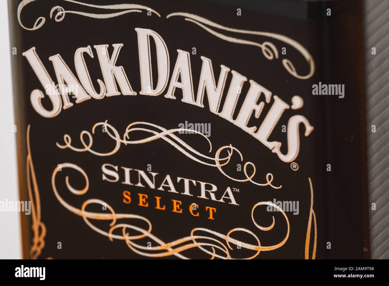 Lynchburg, Tennessee, USA - January 11 2020: Jack Daniels Sinatra Select Tennessee Whiskey Detail of the Label Stock Photo