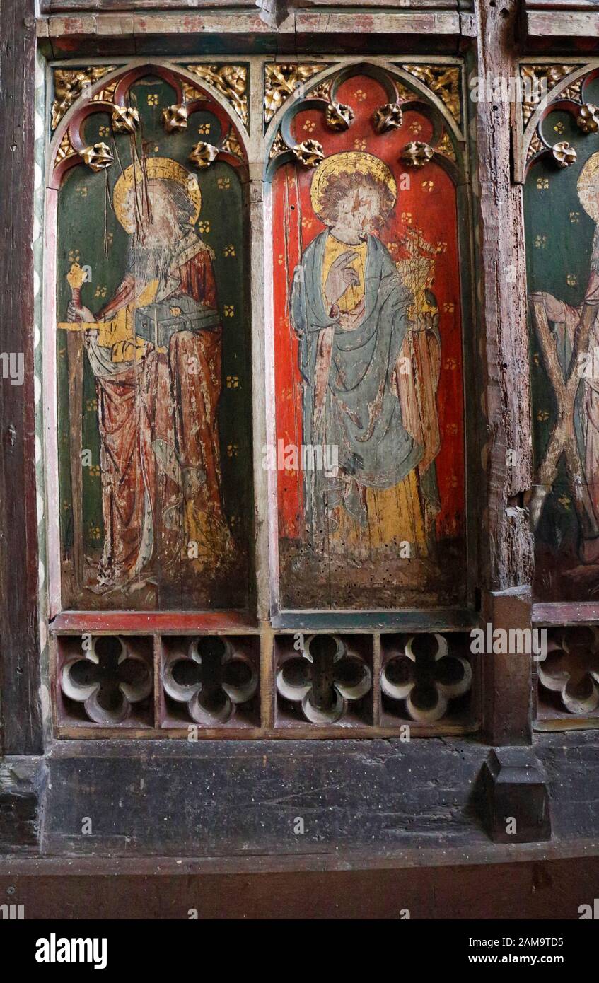 Rood Screen detail depicting St Paul and St John the Evangelist in the Church of St Peter at Belaugh, Norfolk, England, United Kingdom, Europe. Stock Photo