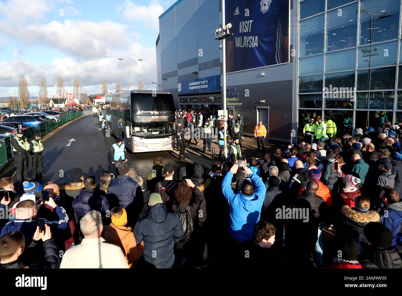 A general view of the Swansea City team bus arriving at the stadium ahead of the Sky Bet Championship match at the Cardiff City Stadium. Stock Photo