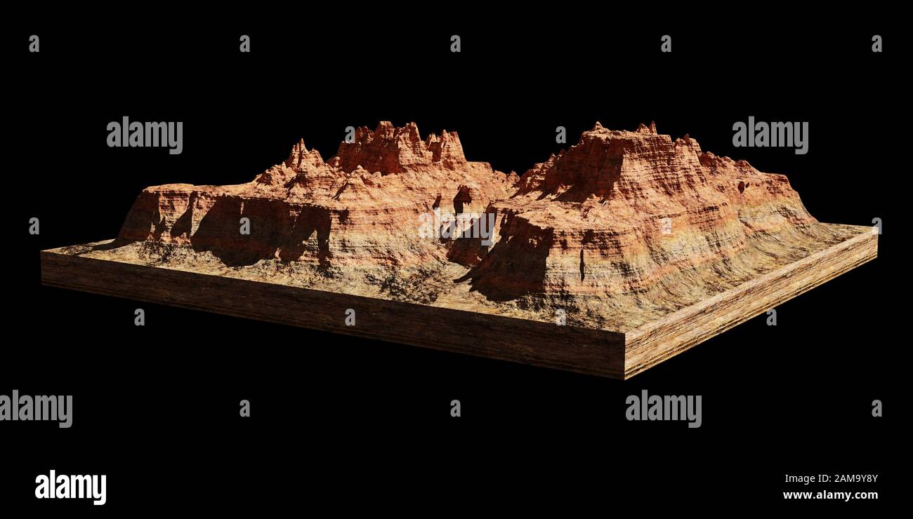 model of a cross section of a desert mountain, mesa isolated on black background Stock Photo