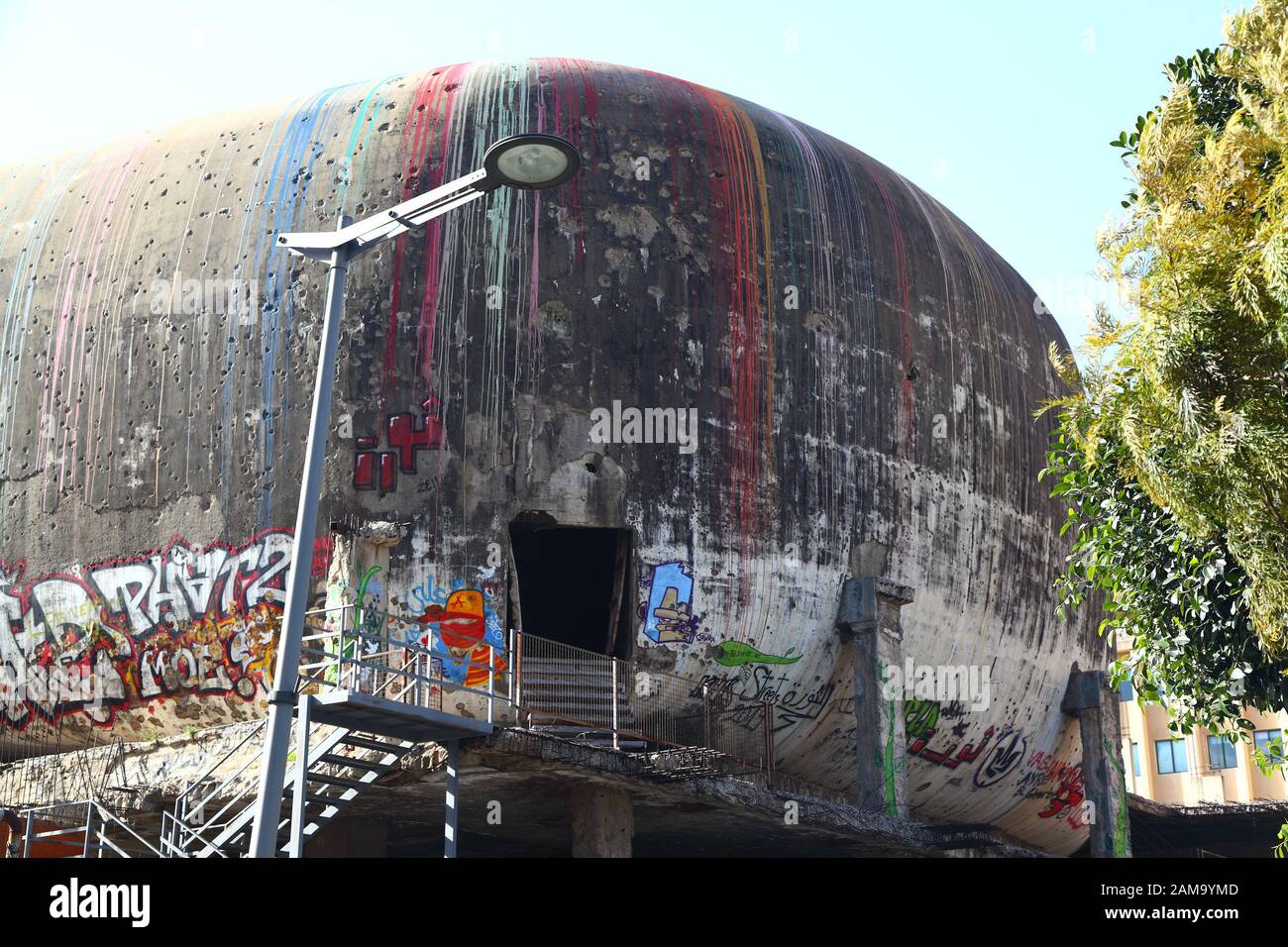Editorial Beirut, Lebanon- 12.24.2019: Remains of the iconic Egg building originally built as a cinema and destroyed during the civil war. Stock Photo