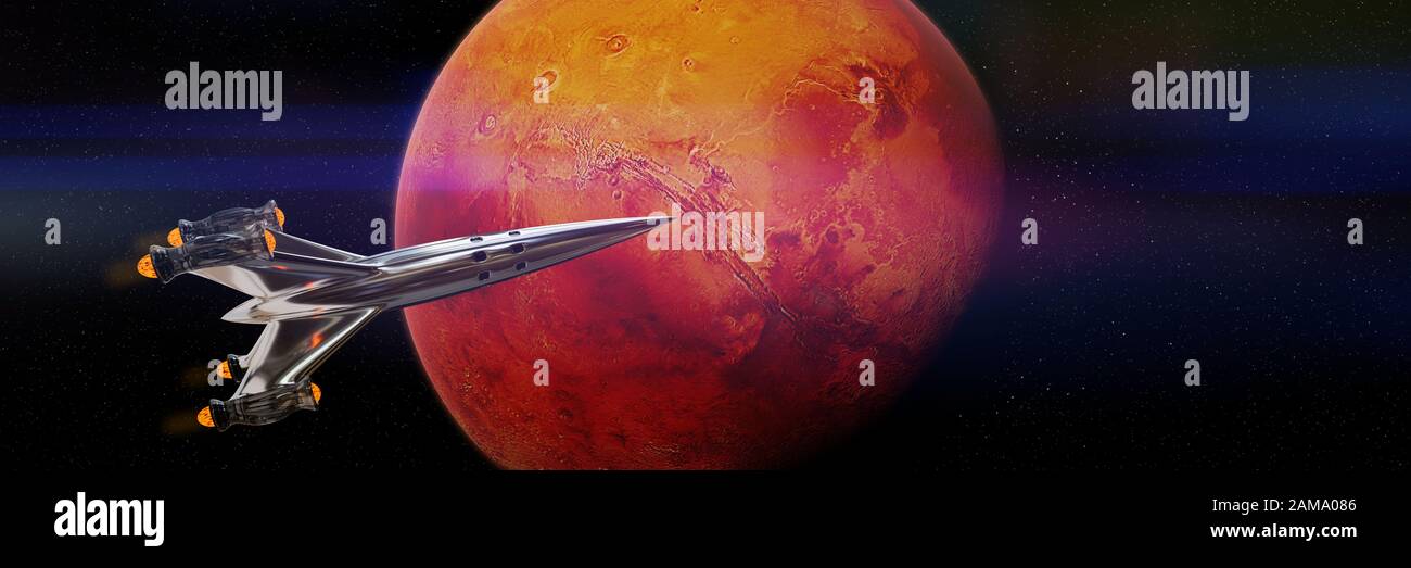 spaceship in orbit of planet Mars Stock Photo