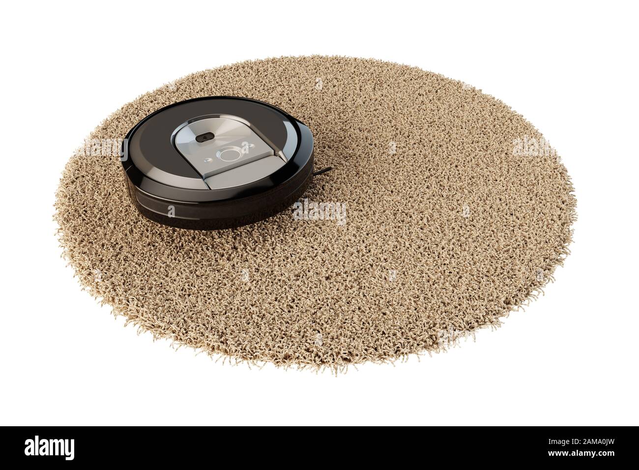 Robotic vacuum cleaner on a round carpet floor. 3d rendering illustration. Smart cleaning modern technology Stock Photo