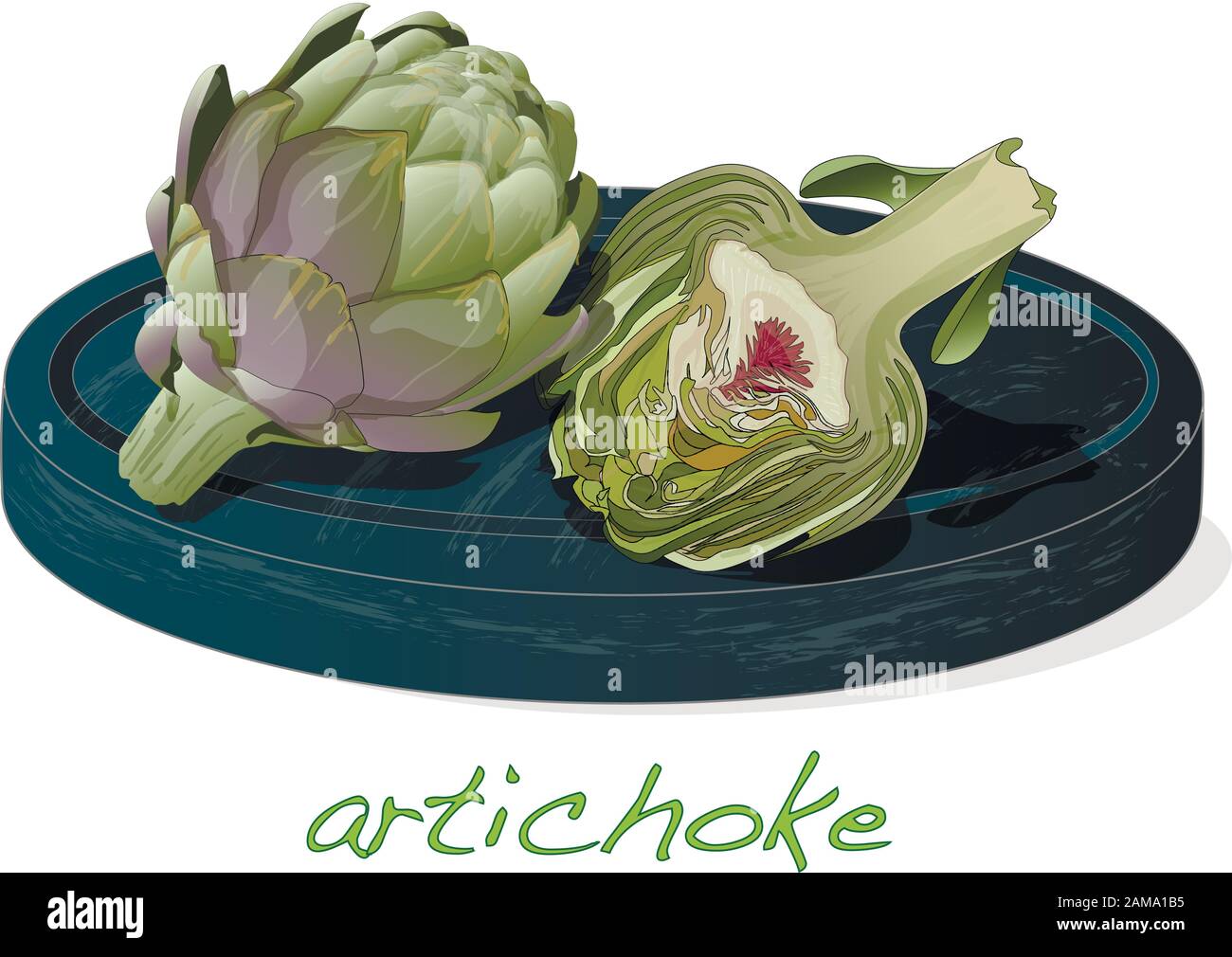 Artichoke on plate vector illustration set. Image isolated on white background. Stock Vector