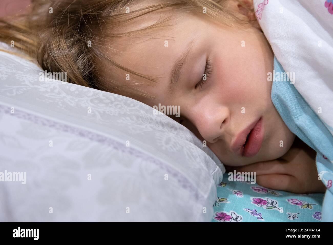 Close up of a face of pretty little child girl with slightly open mouth and scattered around hair sleeping in bed at home. Stock Photo