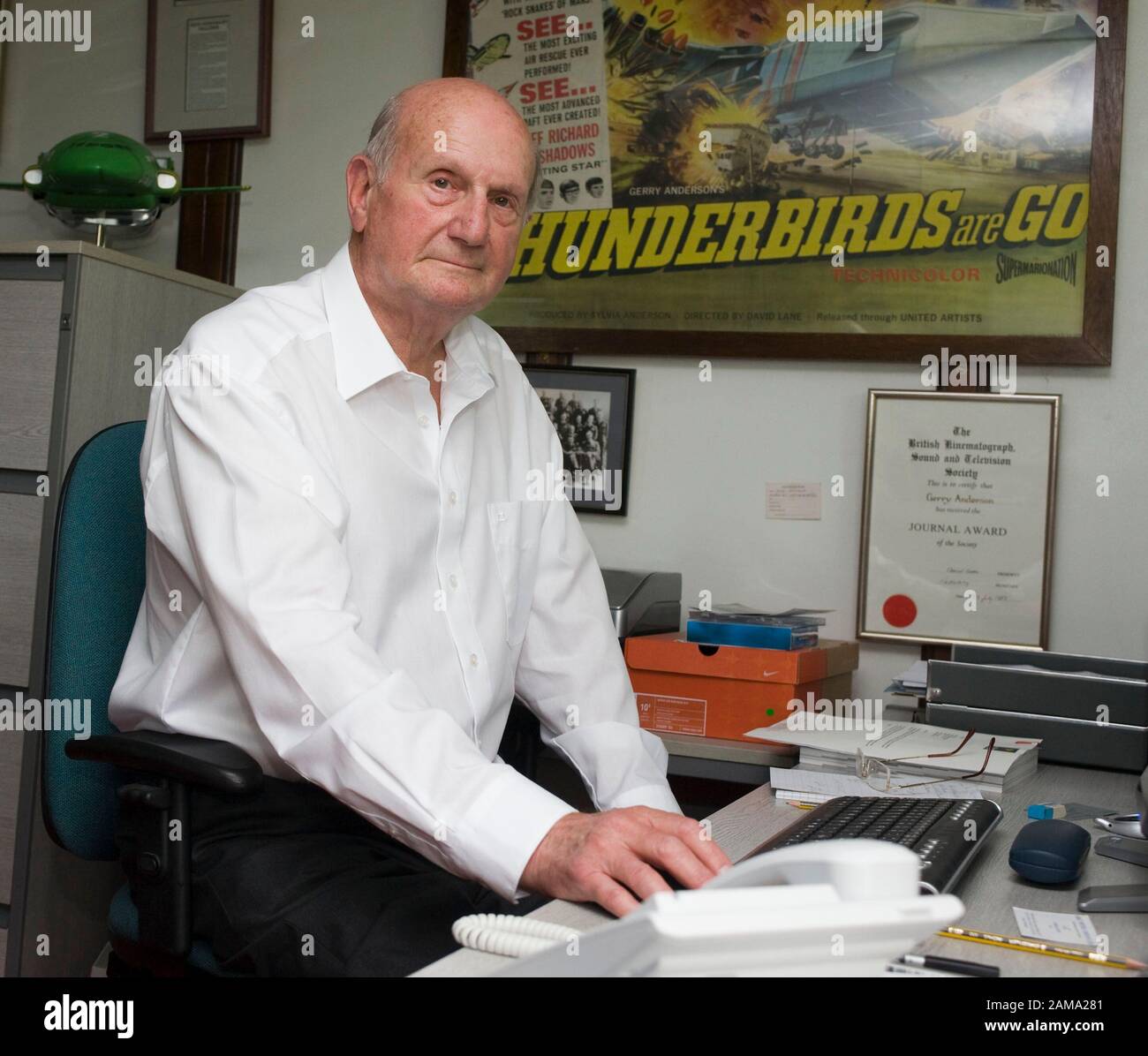 Thunderbirds creator Gerry Anderson at his home in Nuffield near Henley on Thames. Thunderbirds was a successful  British science-fiction television series using electronic puppetry and scale model special effects. Stock Photo