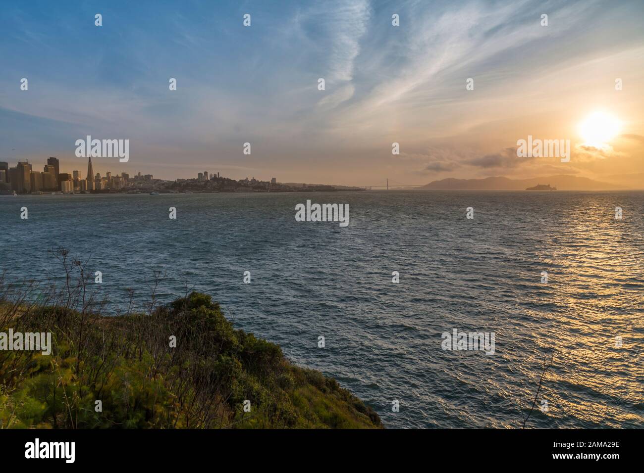 View of San Francisco skyline from Berkeley at sunset, San Francisco, California, USA, North America Stock Photo