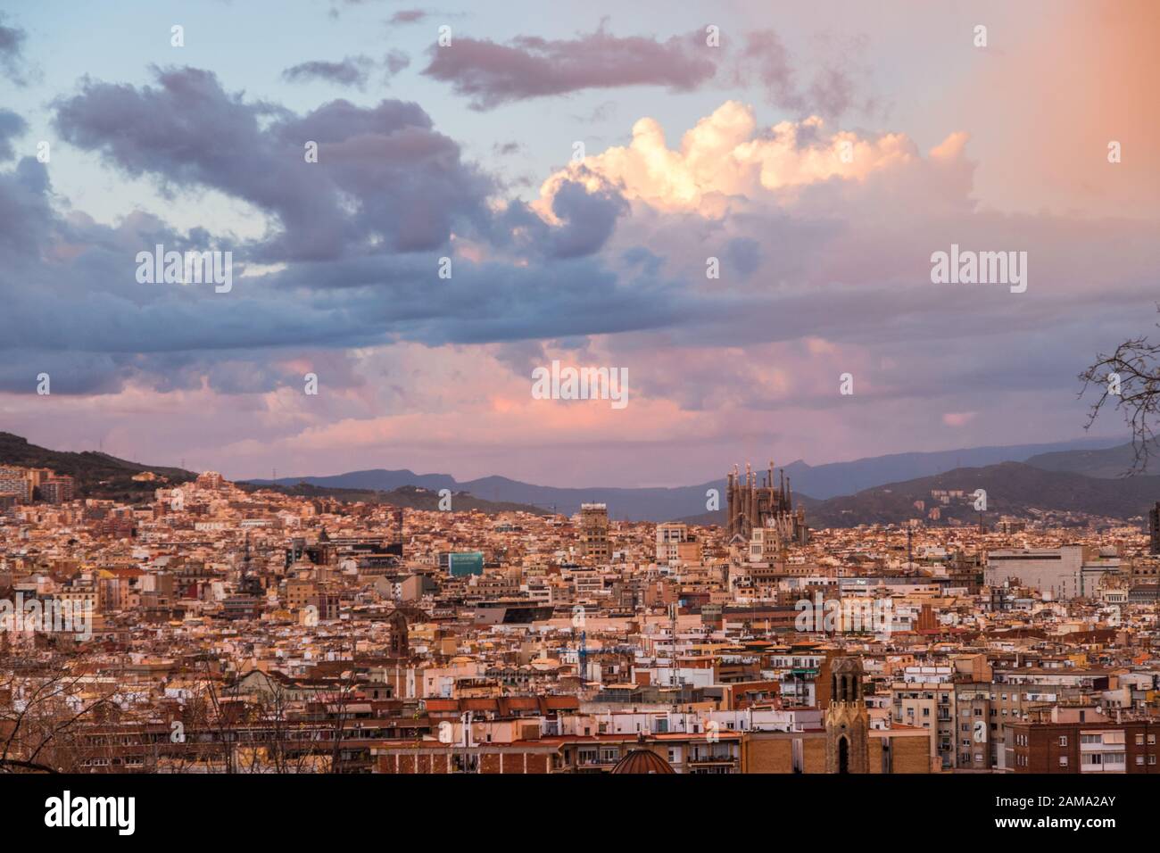 Sunset of incredible colors in Barcelona. Stock Photo