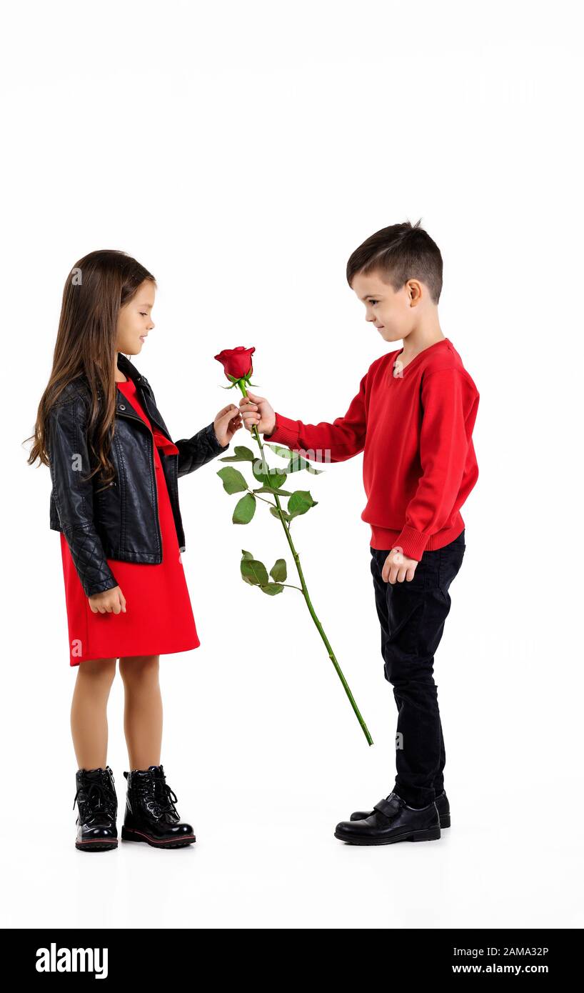 little boy in a red sweater giving a red rose to fashionable child girl in dress isolated on white background Stock Photo
