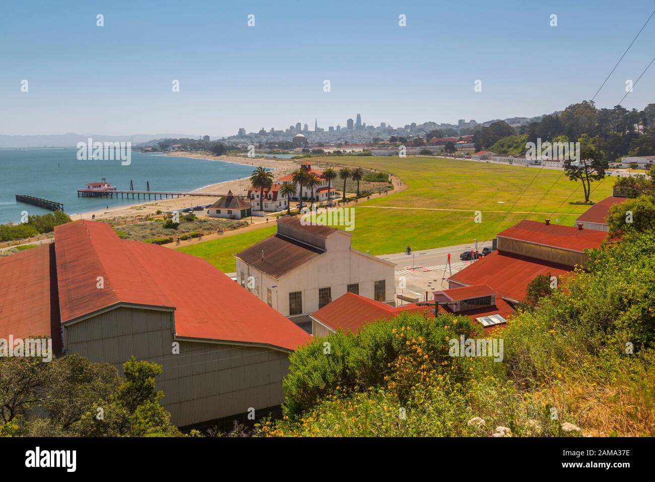 View of West Bluff Picnic Area and city skyline backdrop, San Francisco, California, USA, North America Stock Photo
