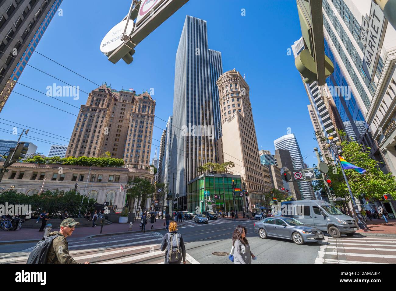 Street scene and tall buildings on Post Street in Downtown, San Francisco, California, USA, North America Stock Photo