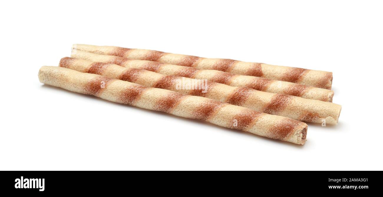 Wafer rolls with chocolate isolated on white background Stock Photo