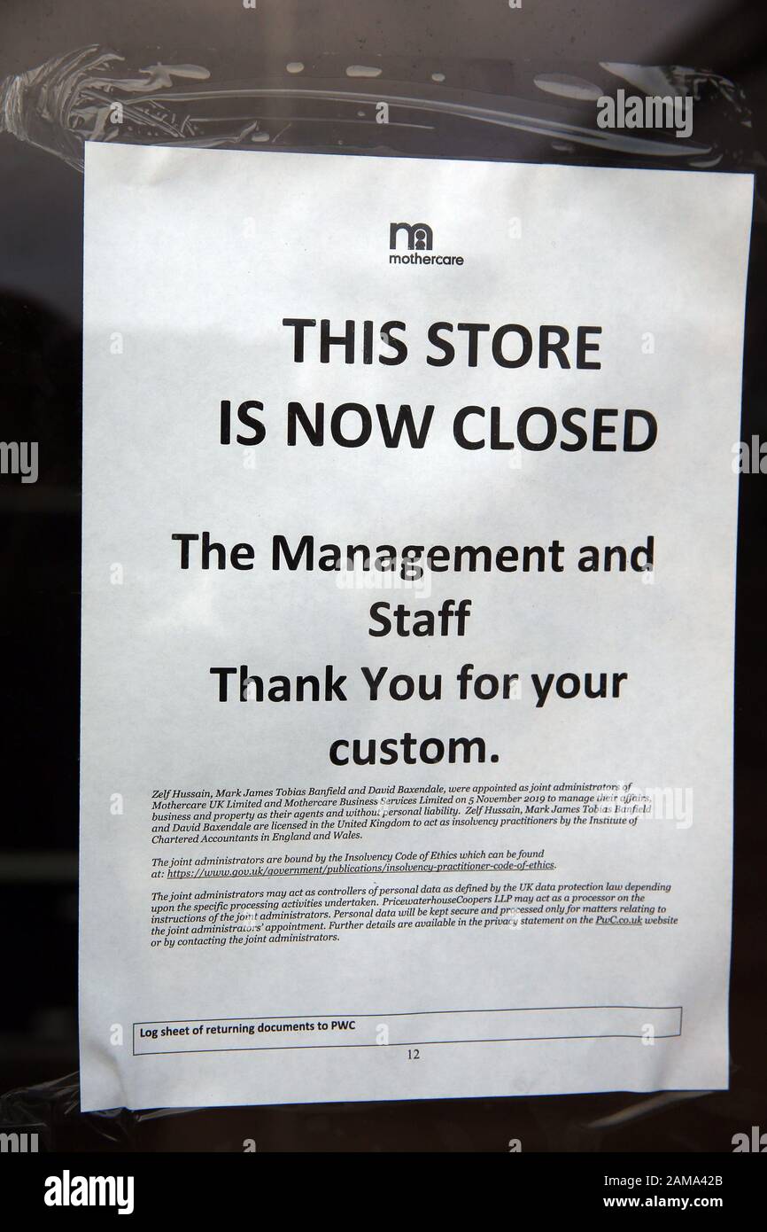 RETRANSMITTED CORRECTING BYLINE A sign outside a closed Mothercare store at Aintree Retail Park, Liverpool on the company's final day of trading. Collapsed retailers Mothercare and Debenhams are shutting down stores for good this January after decades in the business. Stock Photo