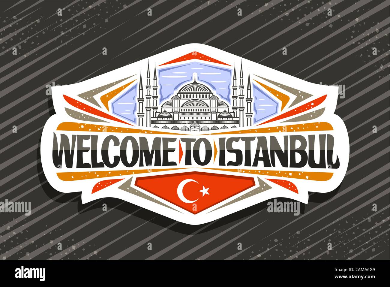 Vector logo for Istanbul, decorative cut paper sign with draw illustration of famous Sultanahmet Camii on sky background, tourist fridge magnet with w Stock Vector