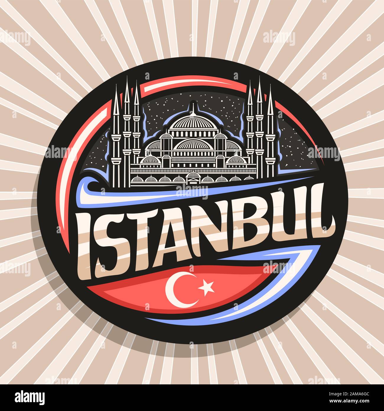 Vector logo for Istanbul, dark decorative round tag with draw illustration of Sultanahmet Camii on sky background, tourist fridge magnet with brush ty Stock Vector