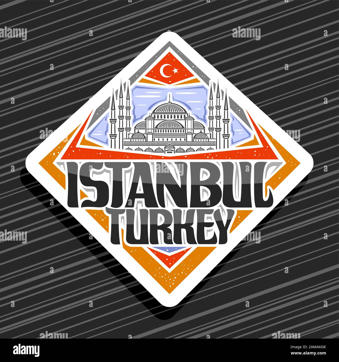 Vector logo for Istanbul, white rhombus tag with line illustration of famous Sultanahmet Camii on sky background, decorative tourist fridge magnet wit Stock Vector