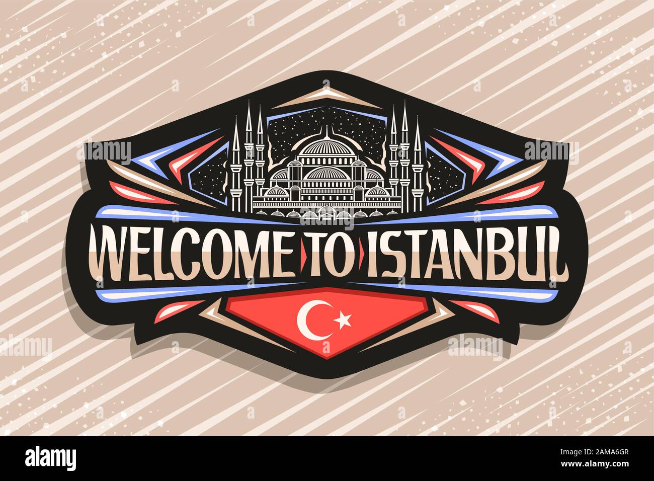 Vector logo for Istanbul, dark decorative label with draw illustration of famous Sultanahmet Camii on sky background, tourist fridge magnet with words Stock Vector