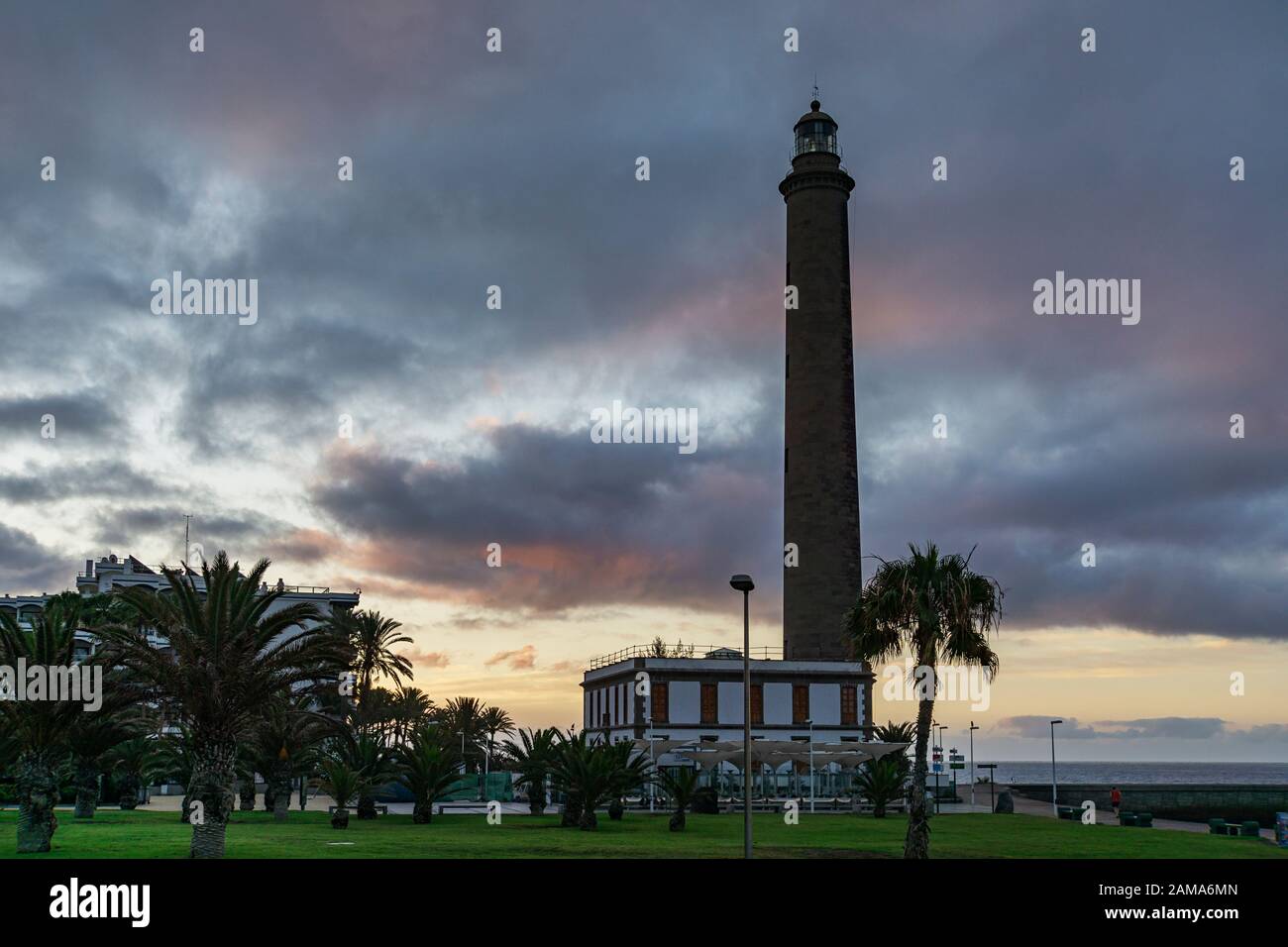 Grand Canary - View from the promnade towards Lighthouse at Maspalomas in the early morning at Sunrise, Spain, 11.06.2016 Stock Photo