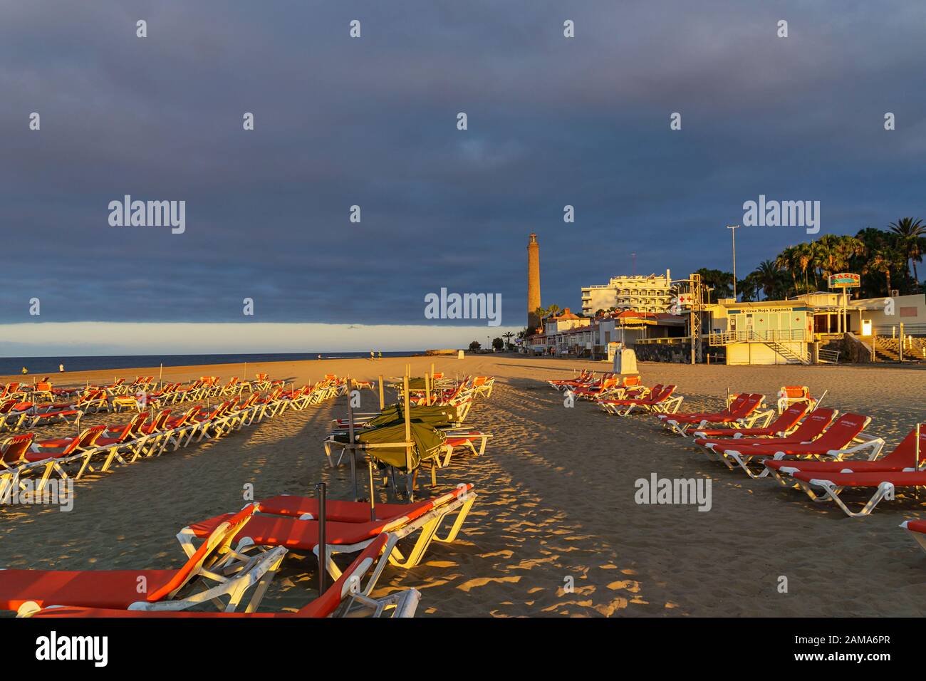 Grand Canary - View to empty Beach Chairs at Maspalomas Beach in the early morning , Spain, 11.06.2016 Stock Photo