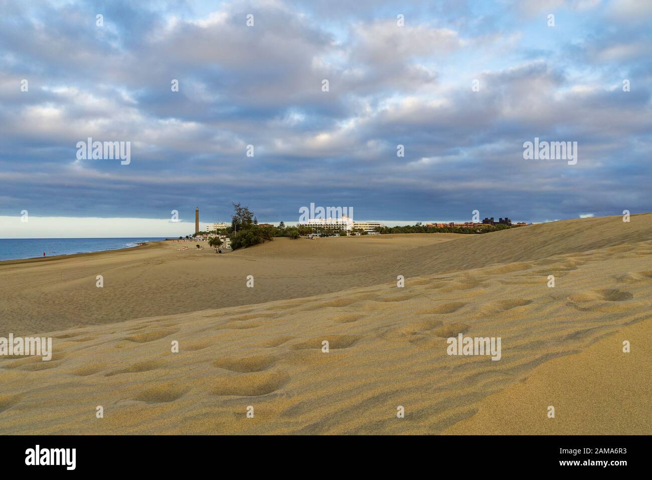 Grand Canary - Panorama-View from Dunes at Maspalomas Beach at the early morning , Spain, 11.06.2016 Stock Photo