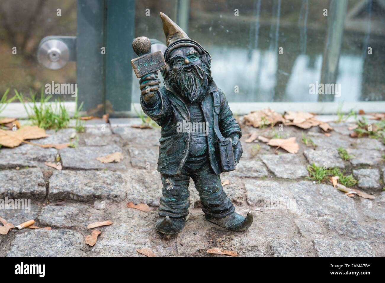 Figurine of radio journalist dwarf on the Old Town of Wroclaw in Silesia region of Poland Stock Photo