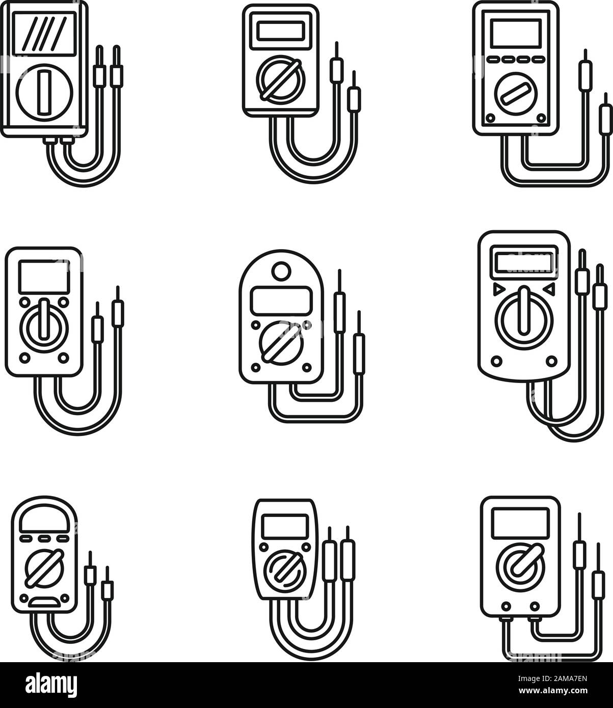 Electric multimeter icons set. Outline set of electric multimeter vector icons for web design isolated on white background Stock Vector