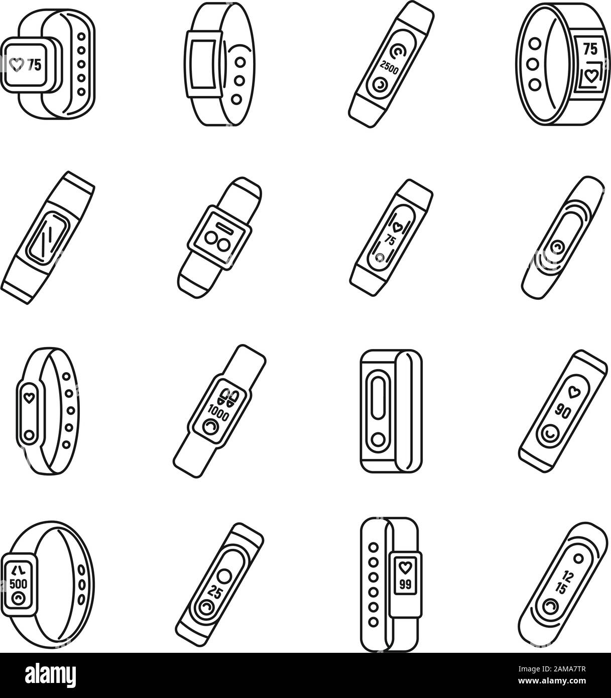Sport fitness bracelet icons set. Outline set of sport fitness bracelet vector icons for web design isolated on white background Stock Vector