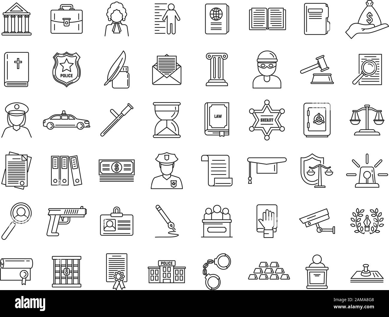 Justice legal icons set. Outline set of justice legal vector icons for web design isolated on white background Stock Vector