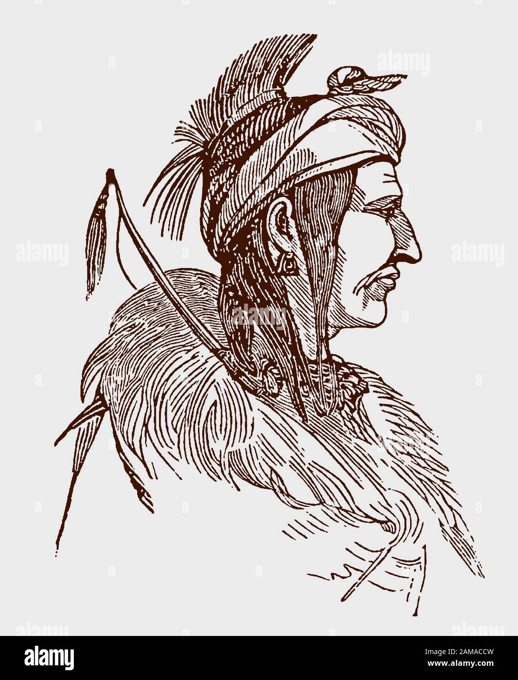 Portrait of kondiaronk, historic chief of the hurons in side view. Illustration after an engraving from the 19th century Stock Vector