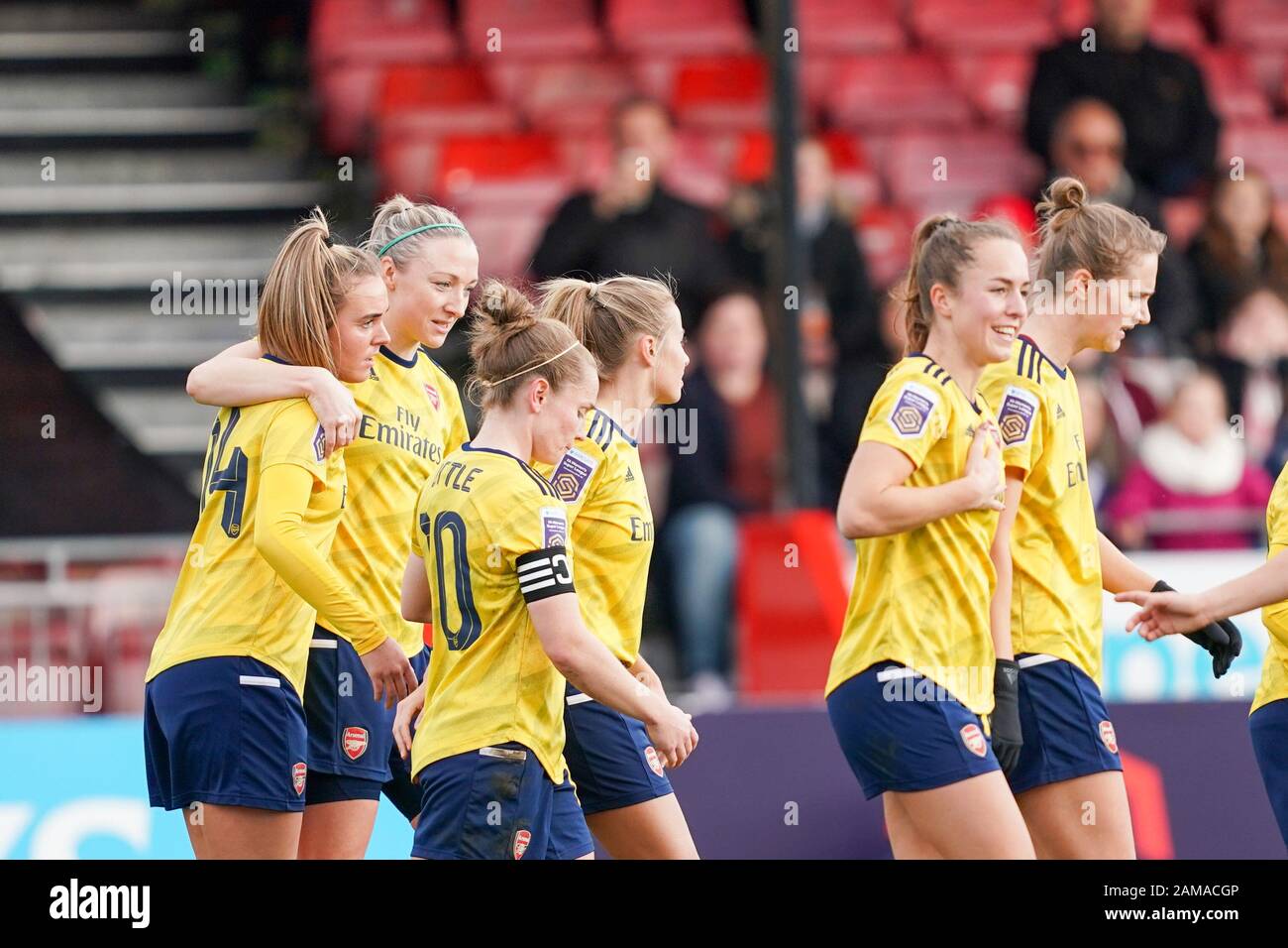 Crawley, UK. 12th Jan, 2020. Players of Arsenal celebrate Jill Roord's goal during the Barclays FA Women's Super League football match between Brighton & Hove Albion WFC and Arsenal Women at The People's Pension Stadium in Crawley, England on 12 January 2020. Credit: SPP Sport Press Photo. /Alamy Live News Stock Photo