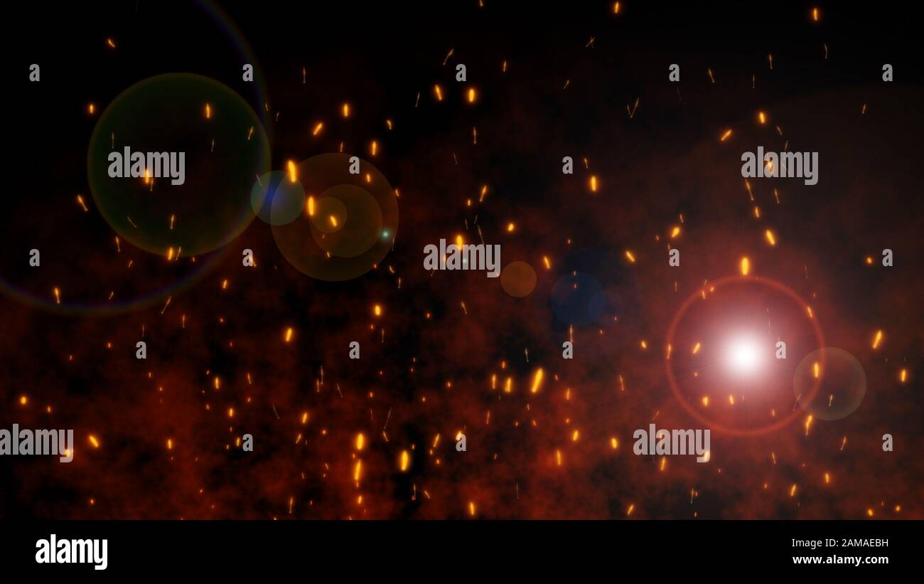 Burning red hot flying sparks fire in the night sky. Beautiful abstract ...