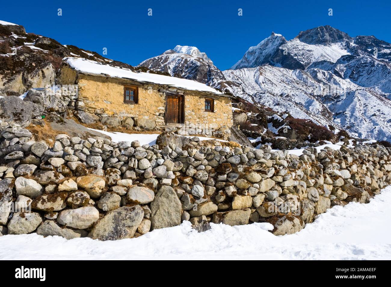 Sherpa farmstead in winter, Khumbu region of Nepal Himalayas Stock Photo