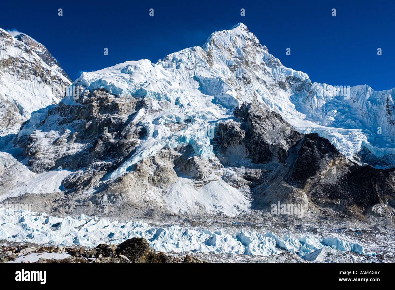 Mountain views from the Khumbu Glacier on the Everest Base Camp Trek in the Nepal Himalayas Stock Photo