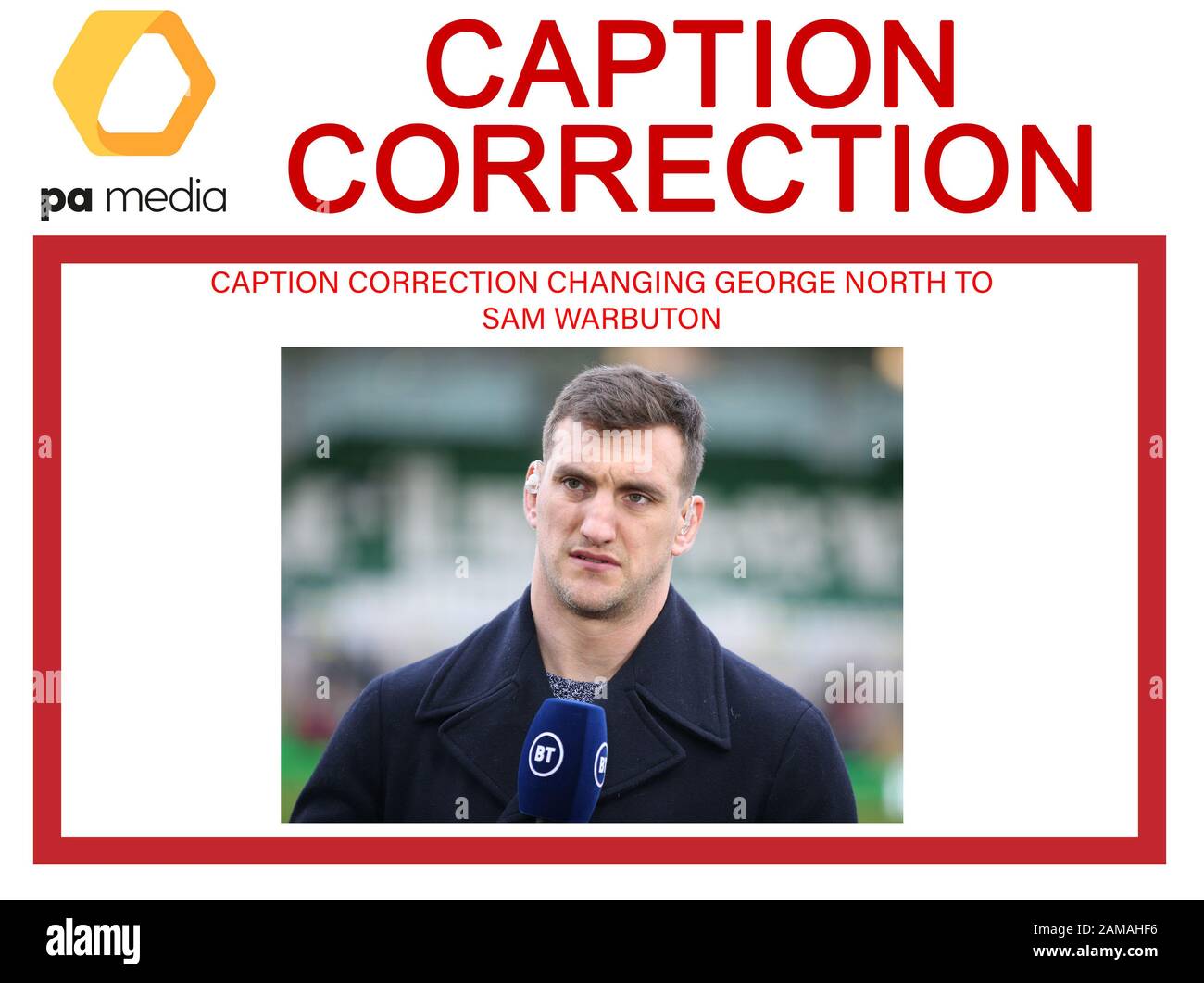 ATTENTION PICTURE EDITORS, CHIEF SUBS AND PICTURE LIBRARIANS: CAPTION CORRECTION CHANGING NAME FROM GEORGE NORTH TO SAM WARBUTON. IMAGES WILL BE RETRANSMITTED SHORTLY WITH CORRECTED NAME. CORRECT CAPTION SHOULD READ: Sam Warburton working for BT before the game between Northampton Saints and Benetton Rugby during the Heineken Champions Cup pool one match at Franklin's Gardens, Northampton. Stock Photo