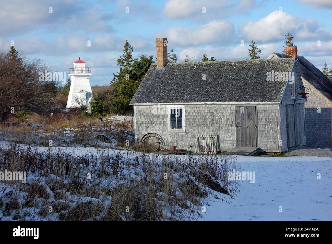 Acadian village, Pubnico, Nova Scotia, Canada. The Historic Acadian Village of Nova Scotia is located in Lower West Pubnico, Nova Scotia, on a breatht Stock Photo